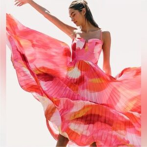 Hutch mali bustier Pink and Orange watercolor pleated Satin Gown